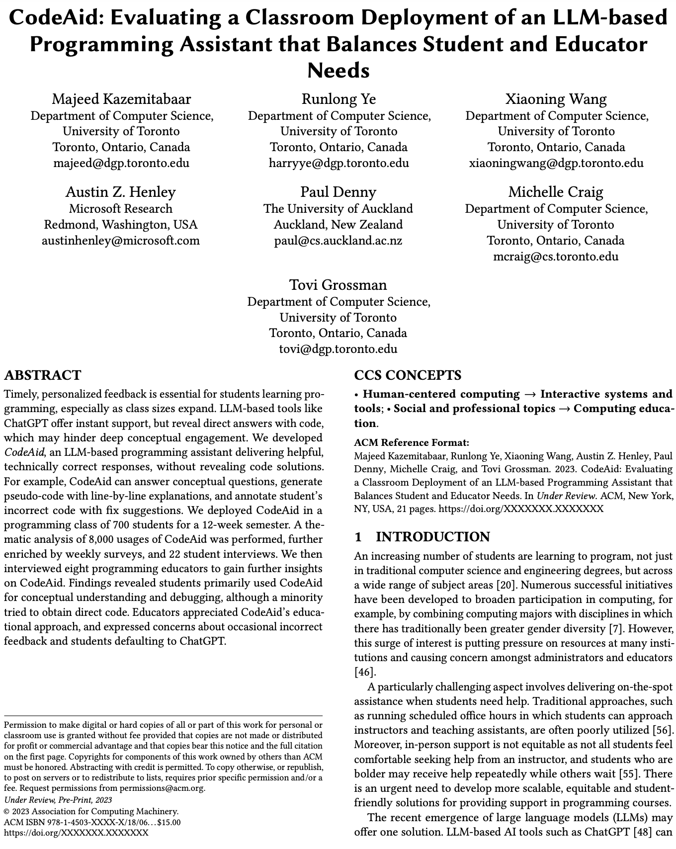 CodeAid: Evaluating a Classroom Deployment of an LLM-based Programming Assistant that Balances Student and Educator Needs